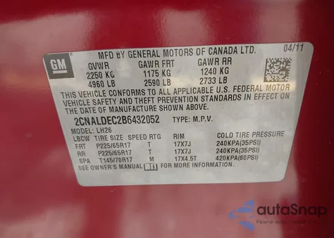 2011 Chevrolet Equinox 1Lt z USA, uszkodzony, nr VIN 2CNALDEC2B6432052